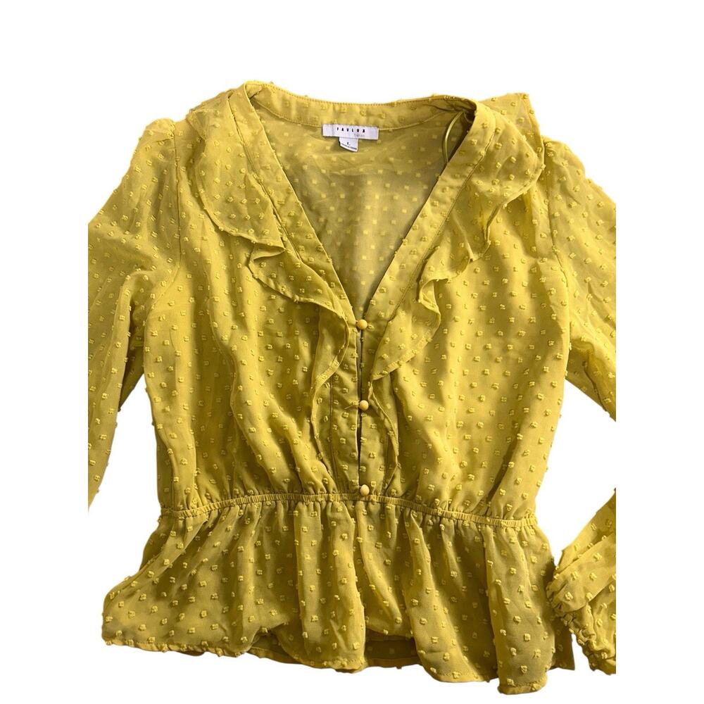 Favlux Fashion Blouse Sz L Long Balloon Sleeve V-Neck Textured Top Mustard - Picture 3 of 9